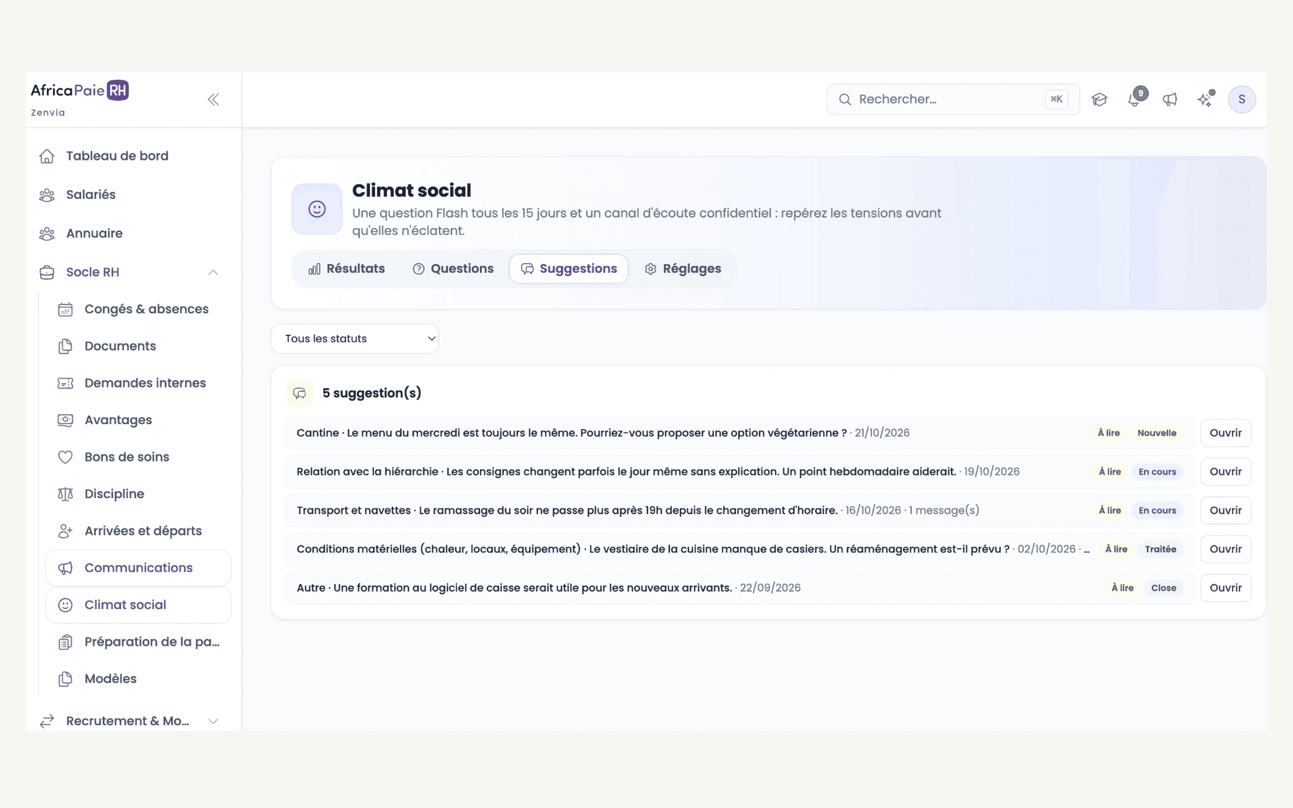 Aperçu du logiciel AfricaPaieRH — canal d'écoute : suggestions reçues