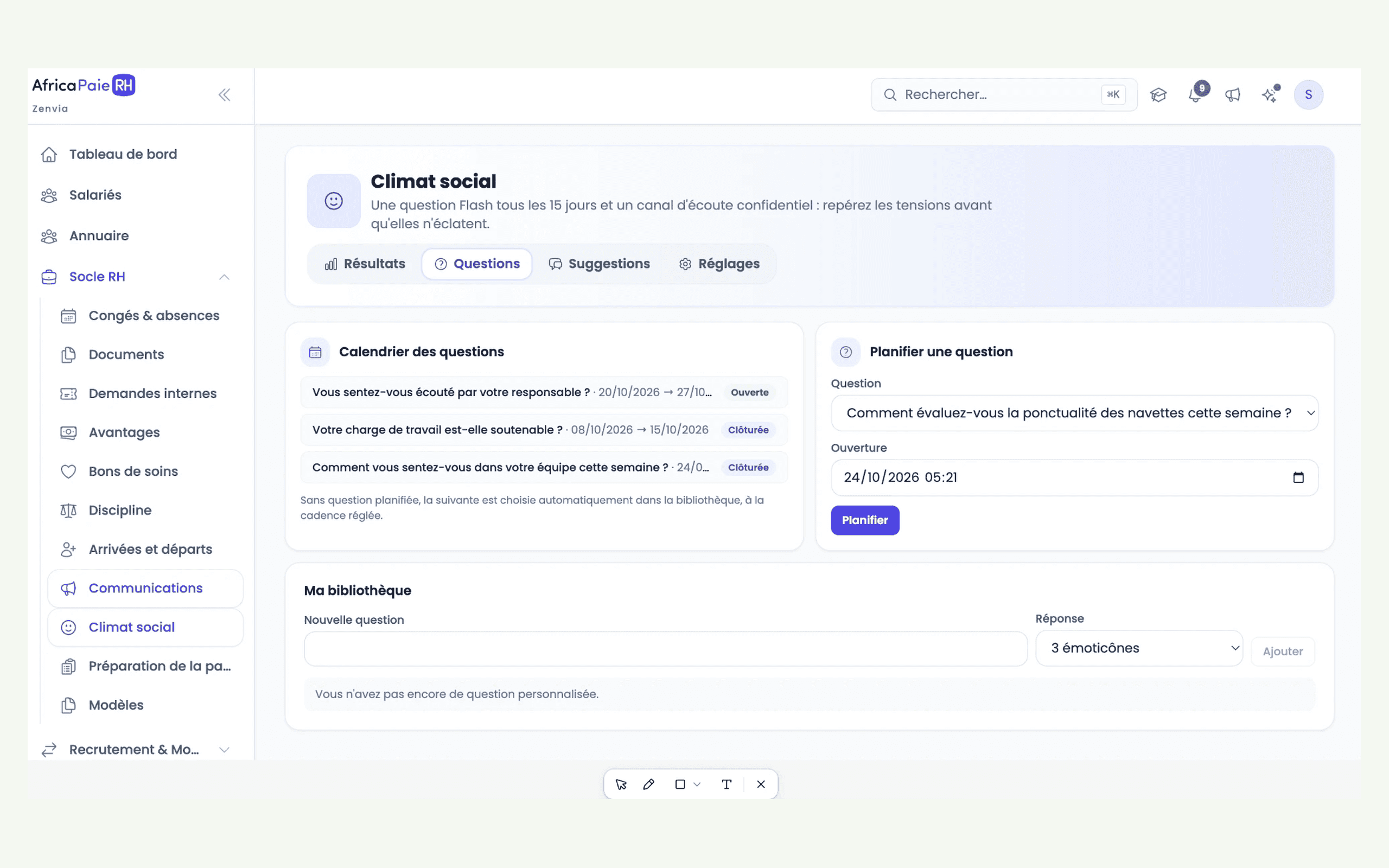 Aperçu du logiciel AfricaPaieRH — calendrier des questions Flash