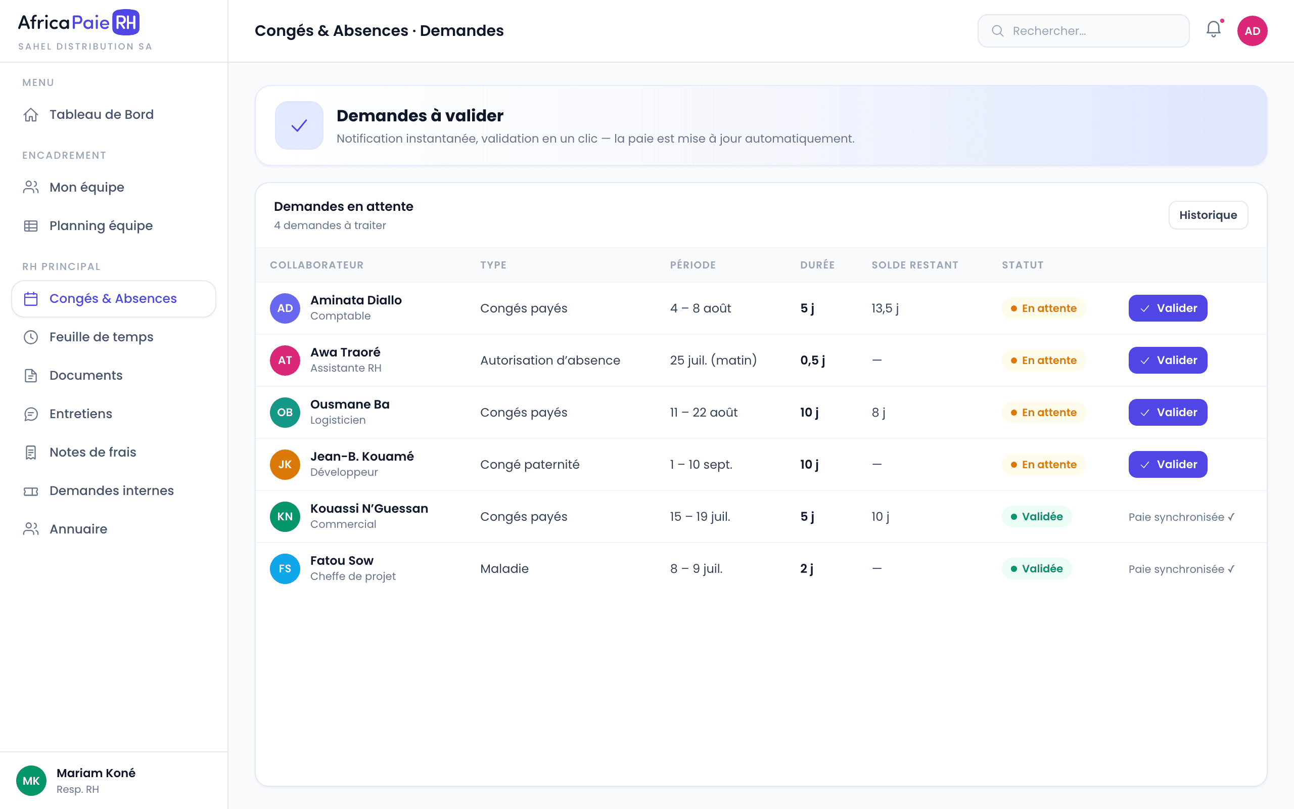 Aperçu du logiciel AfricaPaieRH — tableau de bord des demandes