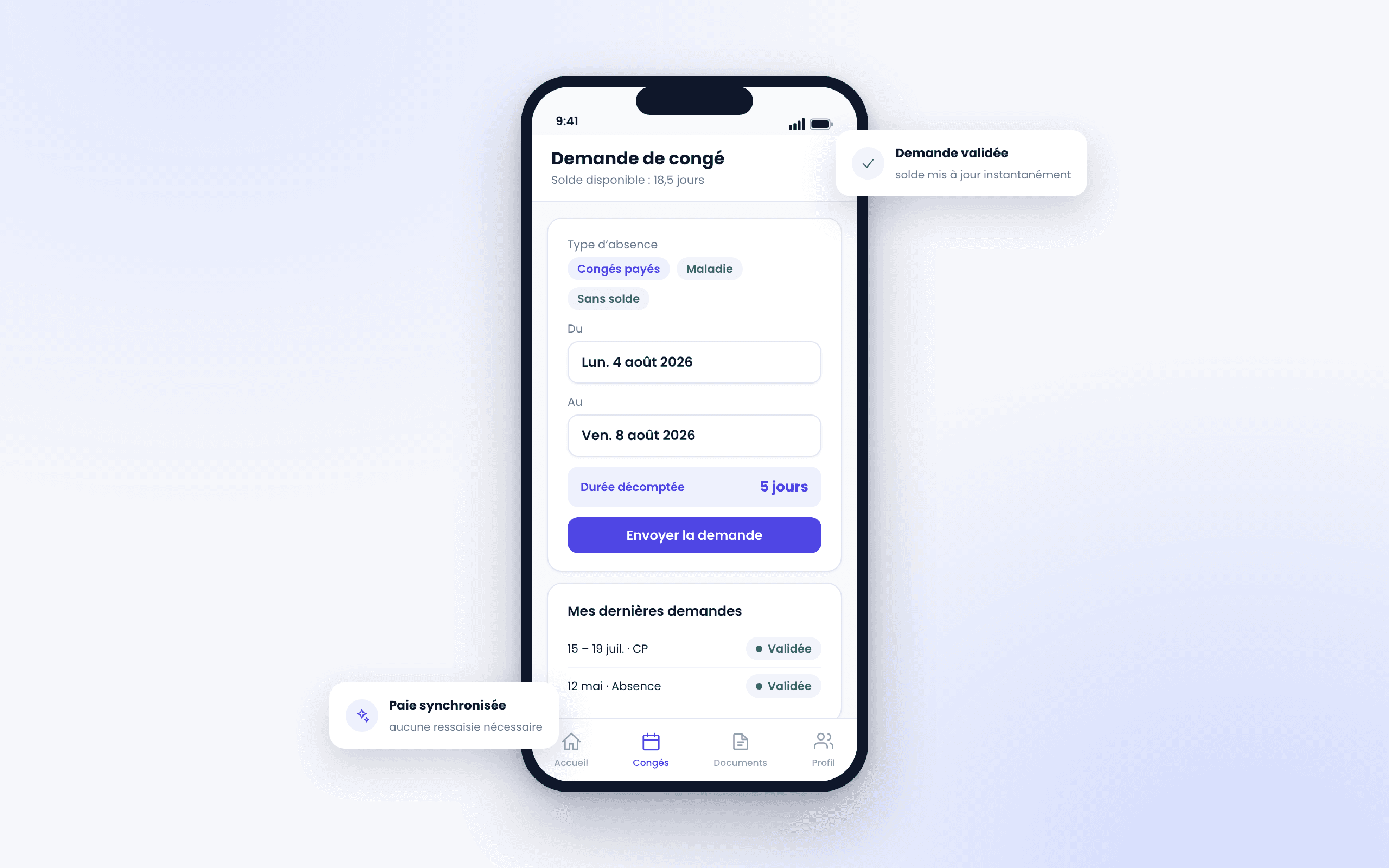 Aperçu du logiciel AfricaPaieRH — demande de congé sur mobile