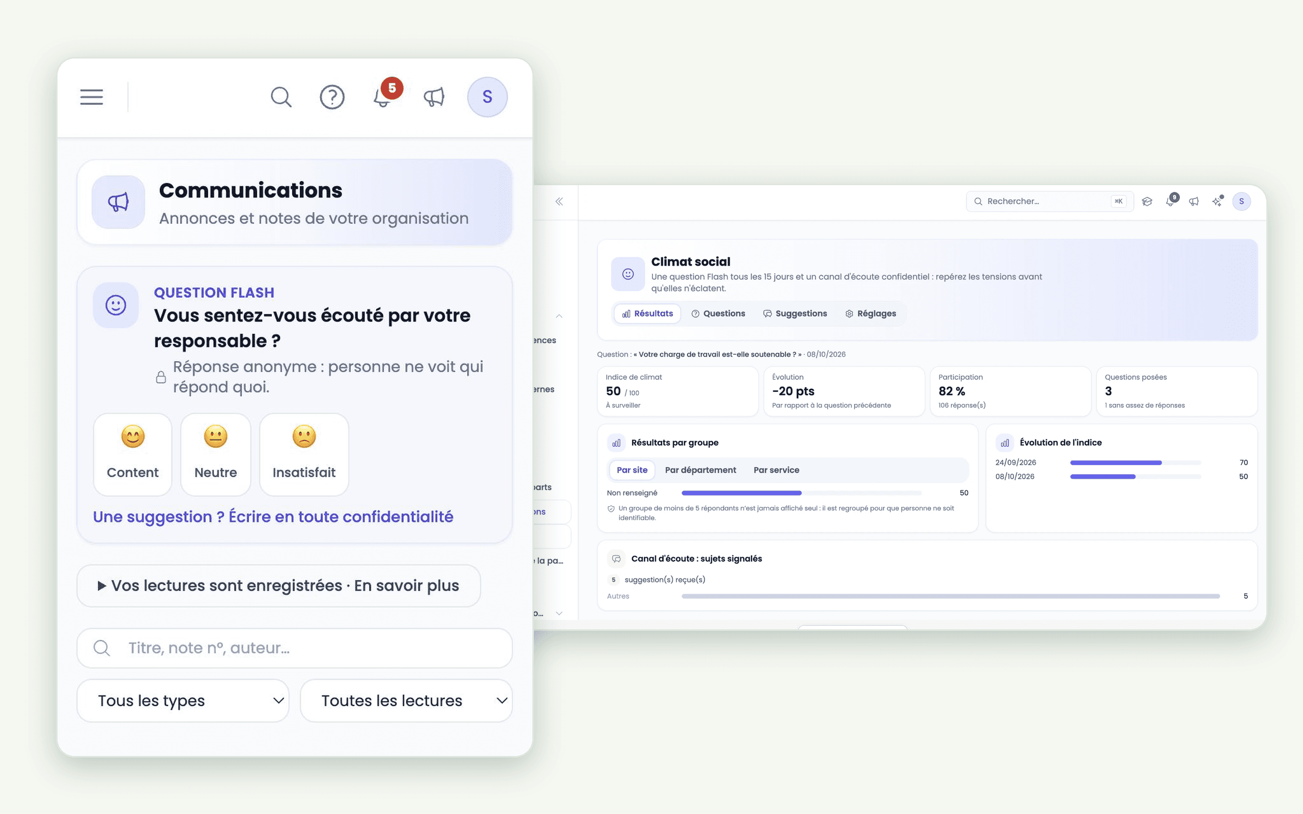 Aperçu du logiciel AfricaPaieRH — question Flash sur mobile et résultats pour le directeur