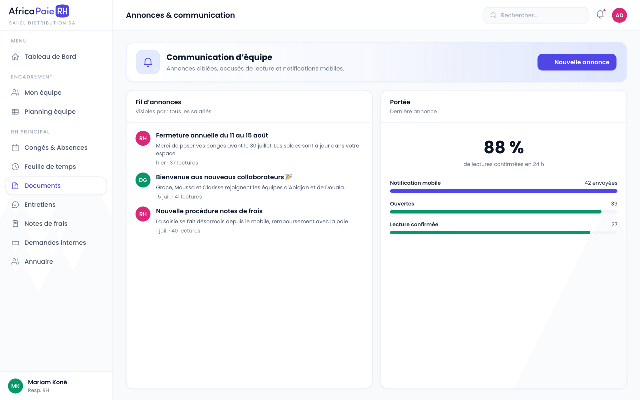 Aperçu du logiciel AfricaPaieRH — communication d'équipe fluidifiée