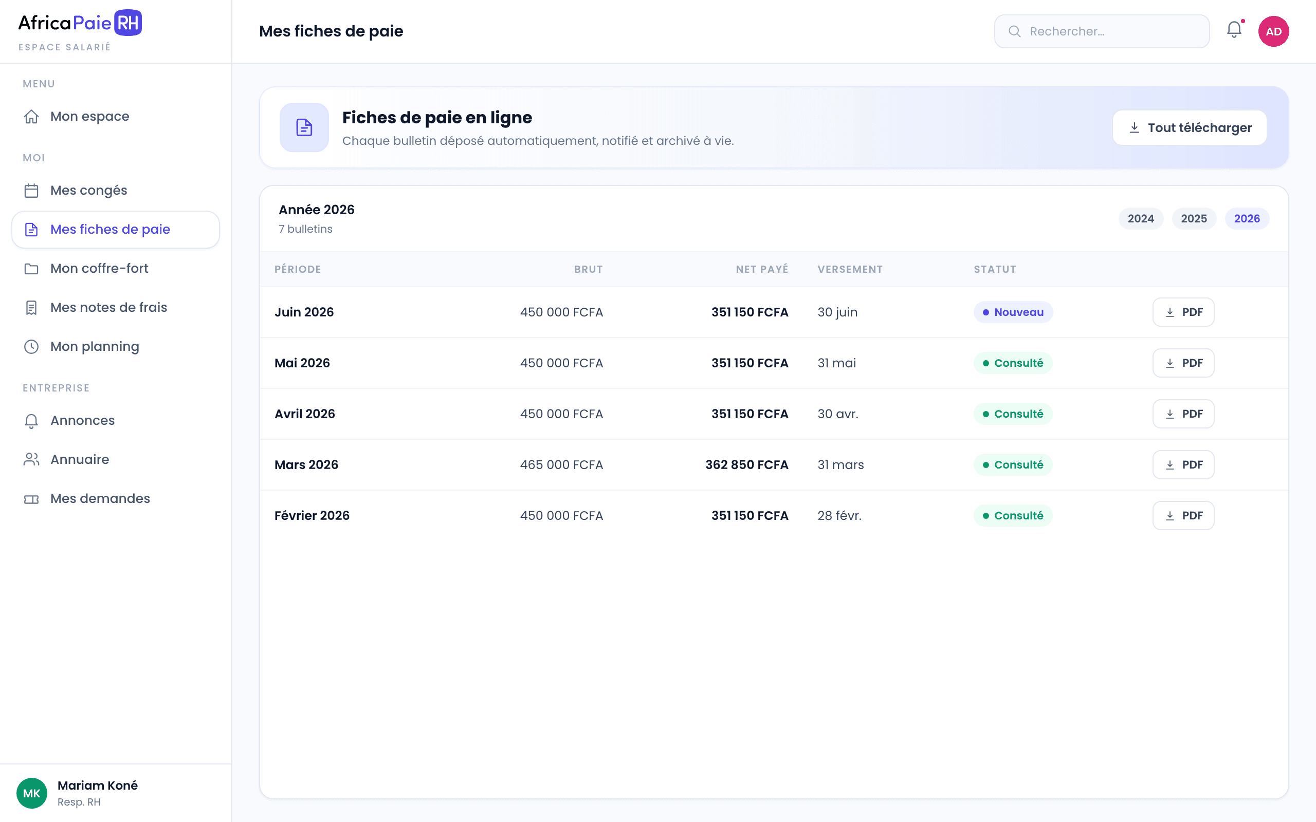 Aperçu du logiciel AfricaPaieRH — fiches de paie en ligne