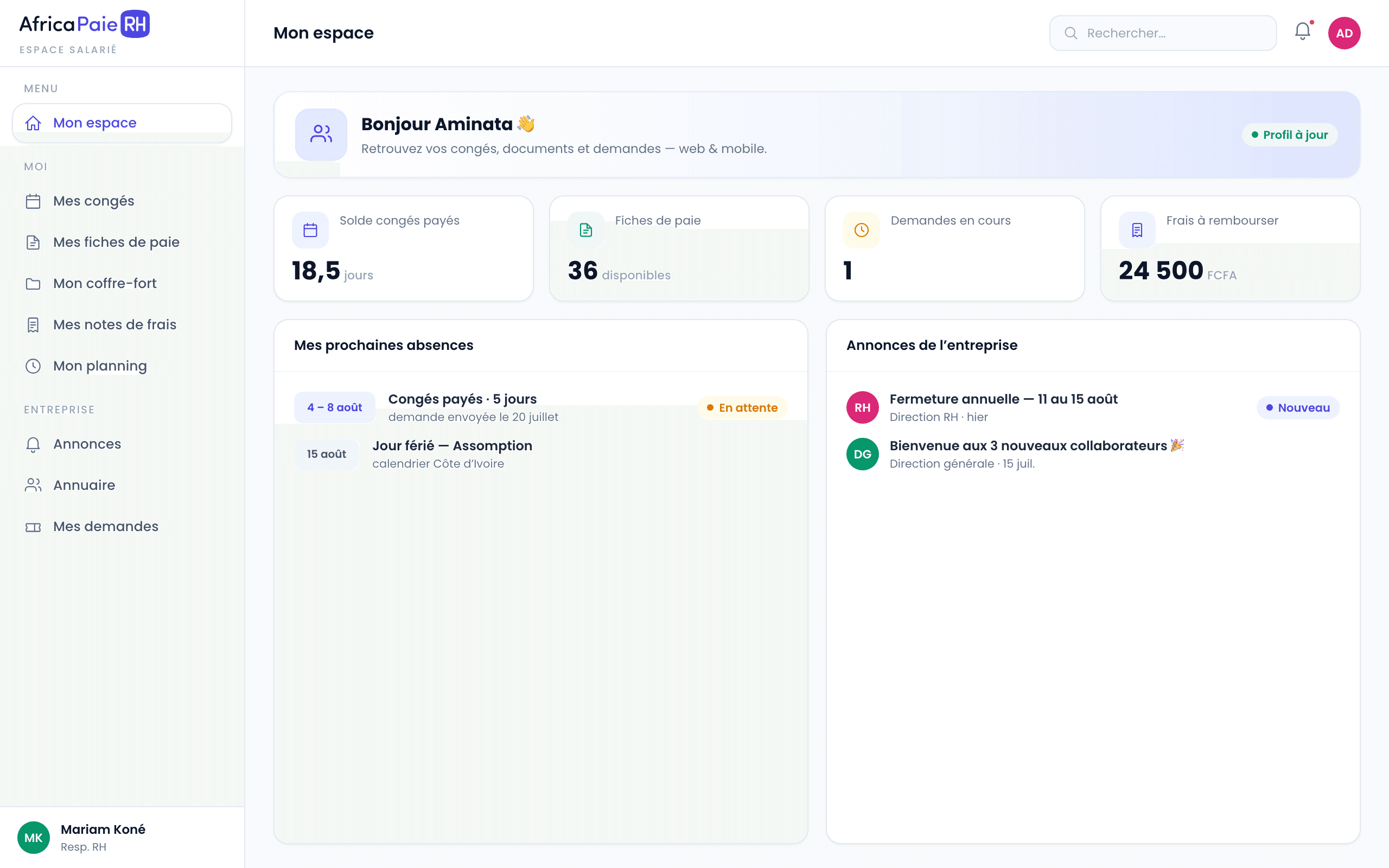 Aperçu du logiciel AfricaPaieRH — espace personnel du salarié