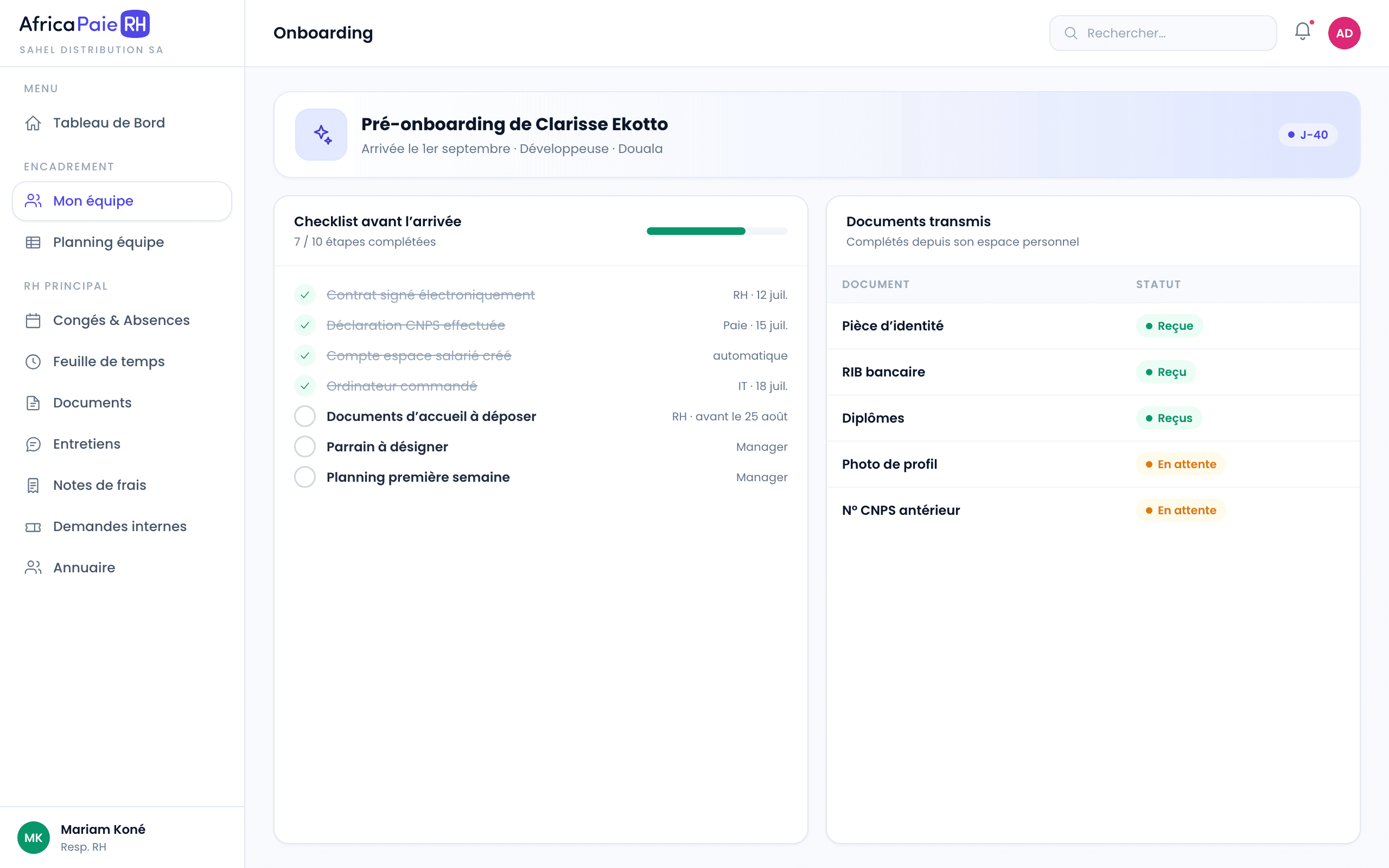 Aperçu du logiciel AfricaPaieRH — checklist de pré-onboarding