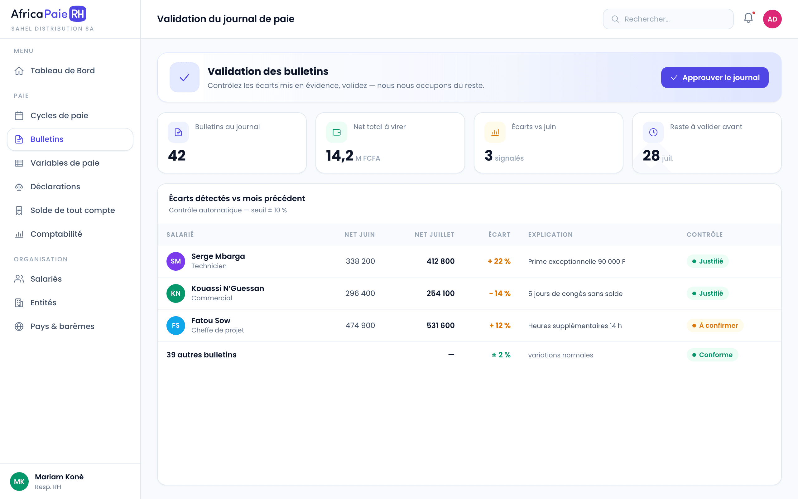 Aperçu du logiciel AfricaPaieRH — validation des bulletins