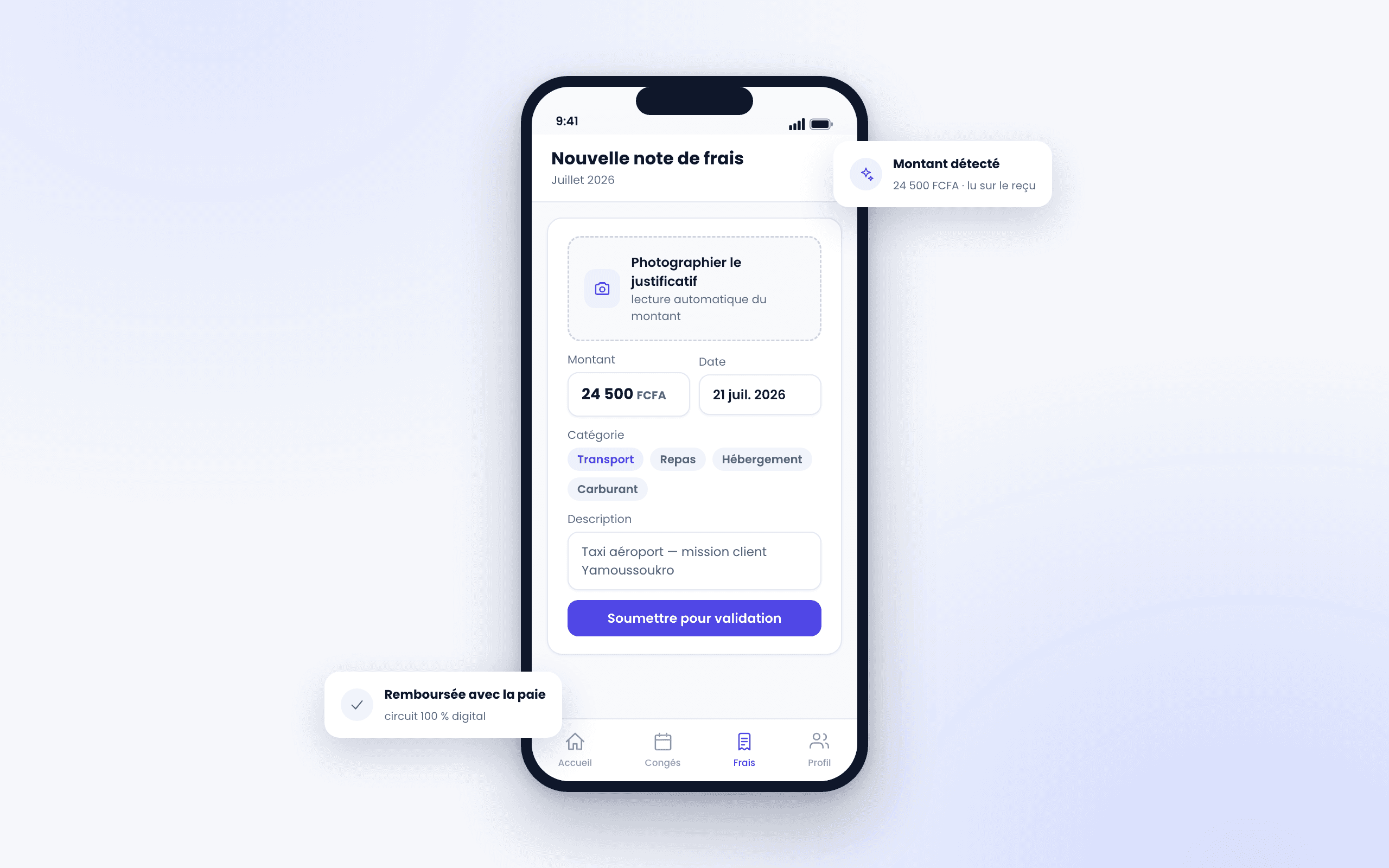 Aperçu du logiciel AfricaPaieRH — saisie d'une note de frais sur mobile