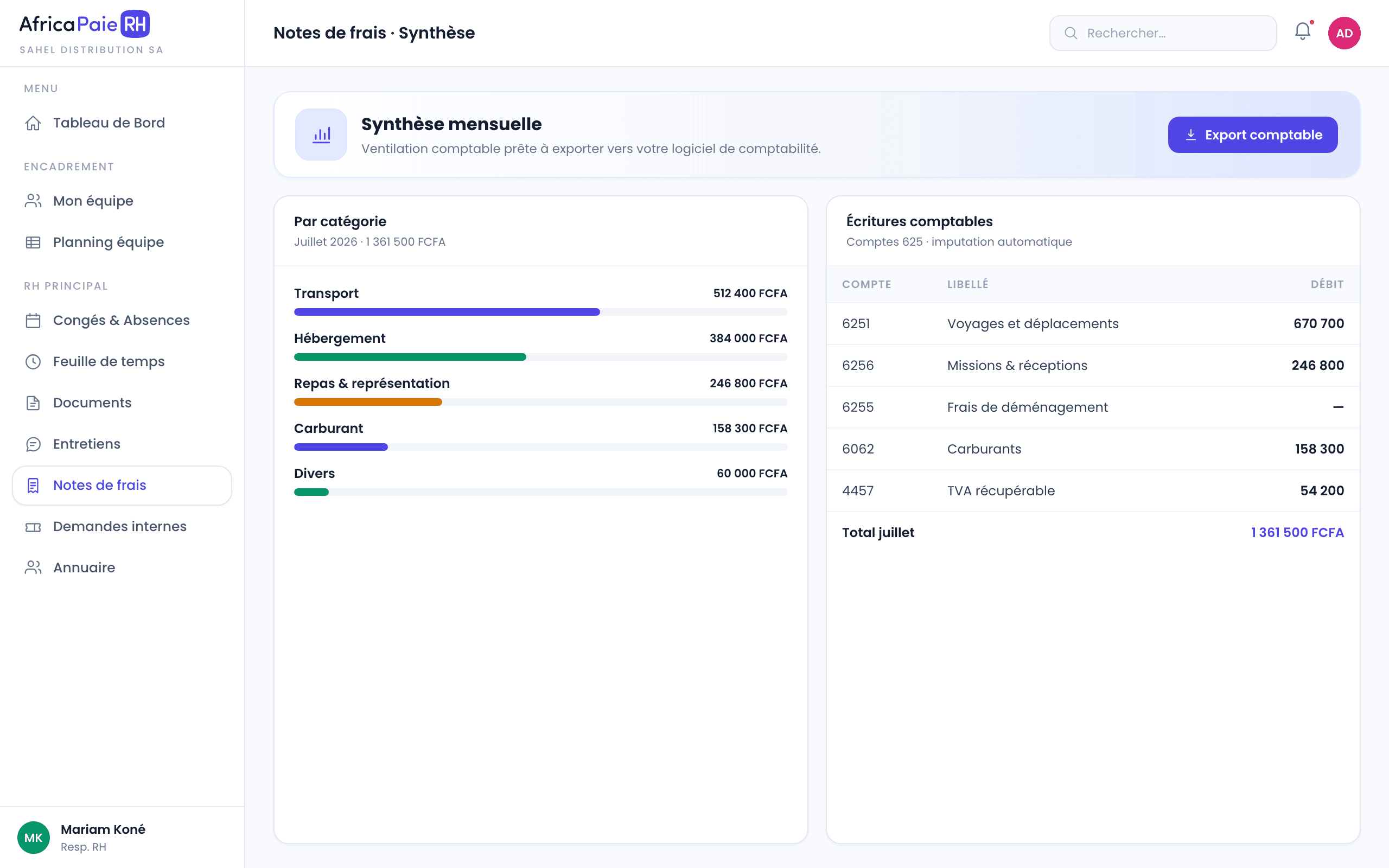 Aperçu du logiciel AfricaPaieRH — synthèse mensuelle comptable