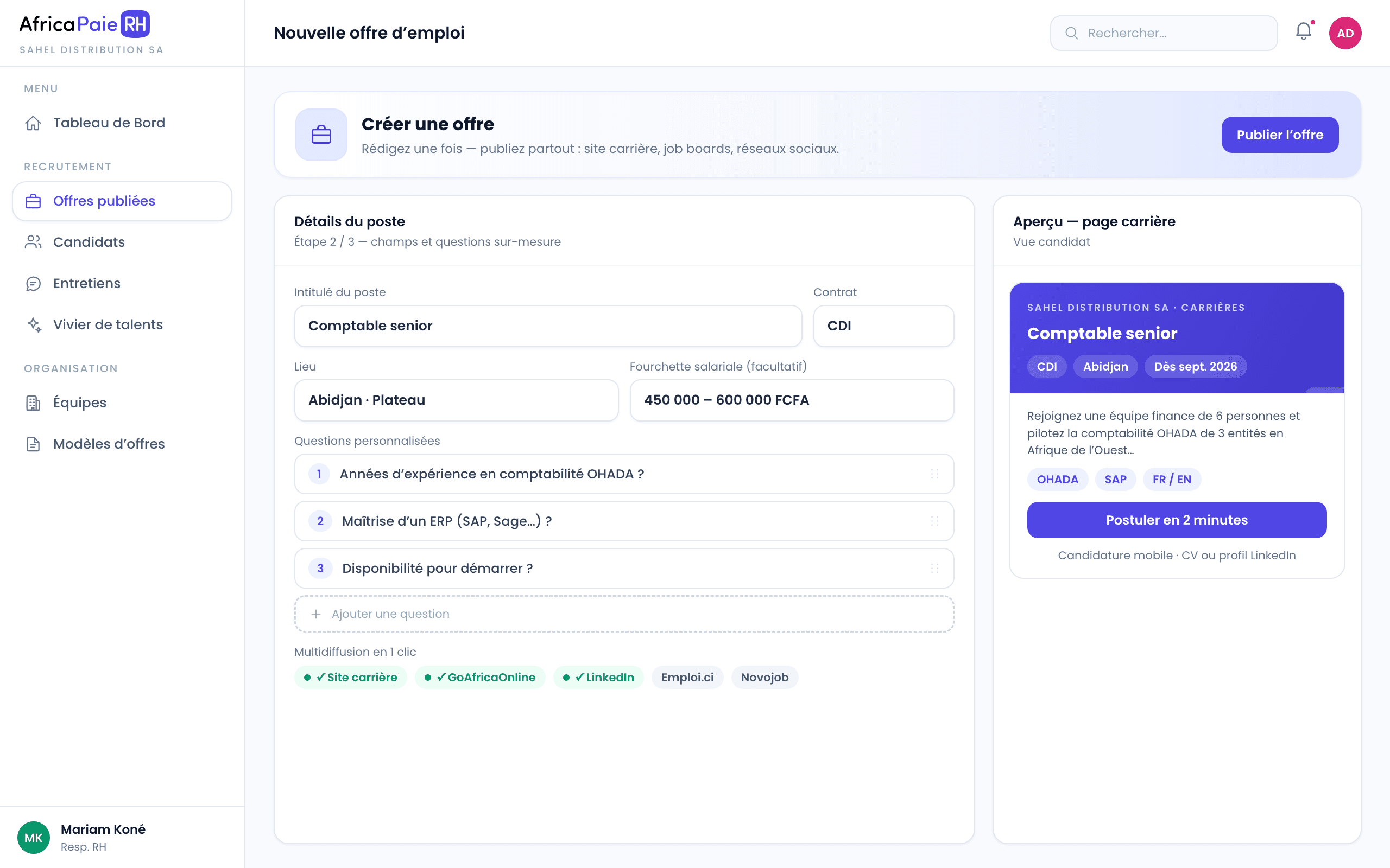 Aperçu du logiciel AfricaPaieRH — création d'annonce / site carrière