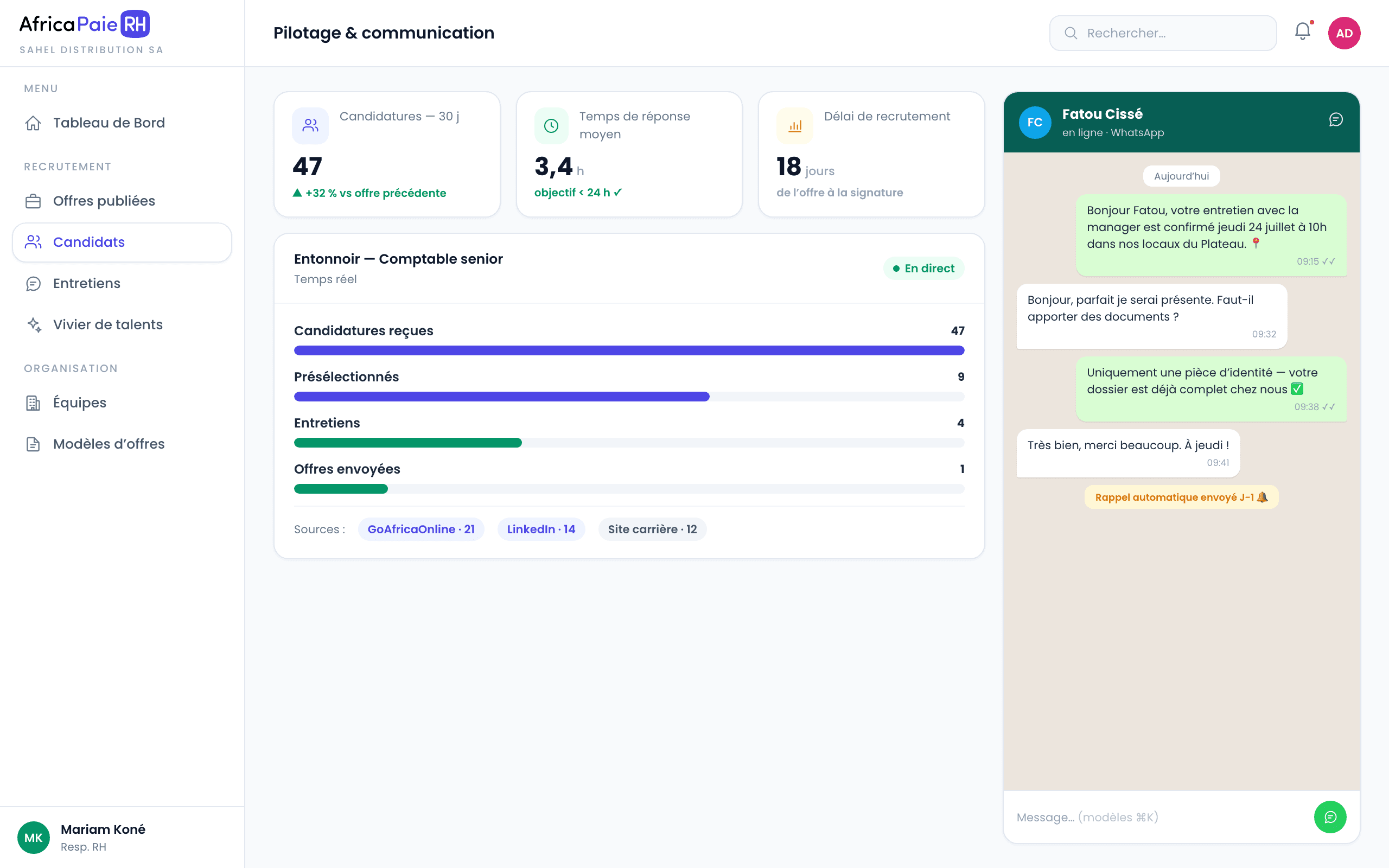 Aperçu du logiciel AfricaPaieRH — analytics / échanges WhatsApp