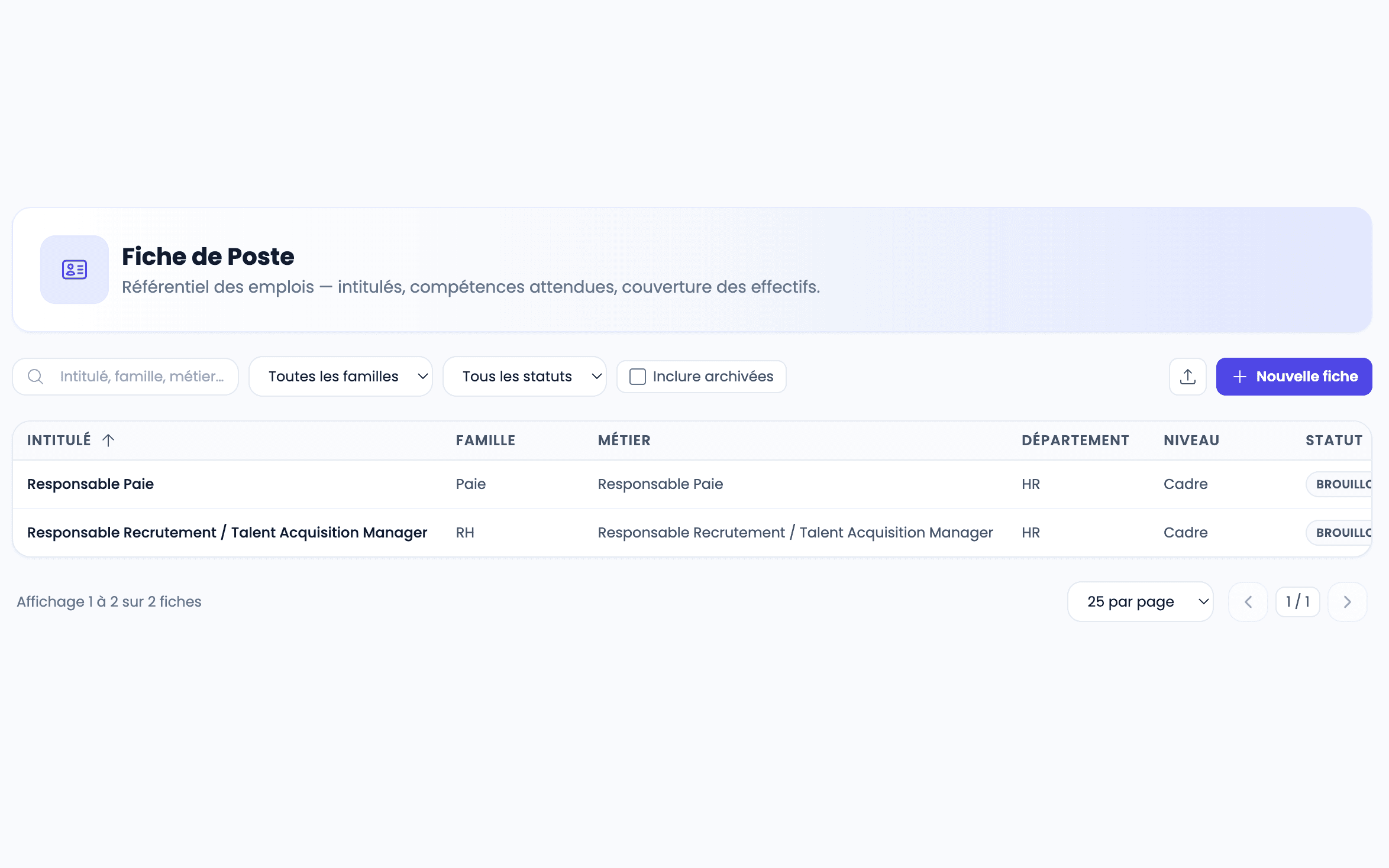 Aperçu du logiciel AfricaPaieRH — référentiel des fiches de poste