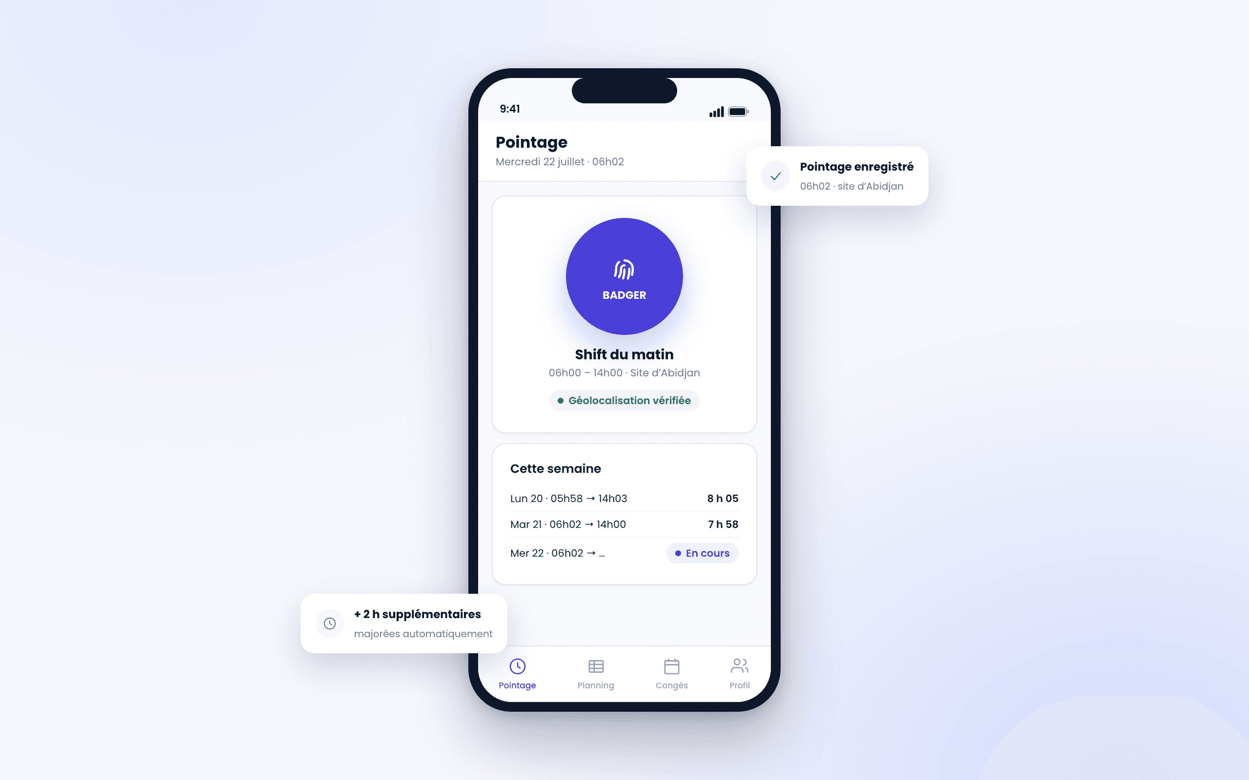 Aperçu du logiciel AfricaPaieRH — badgeage sur application mobile
