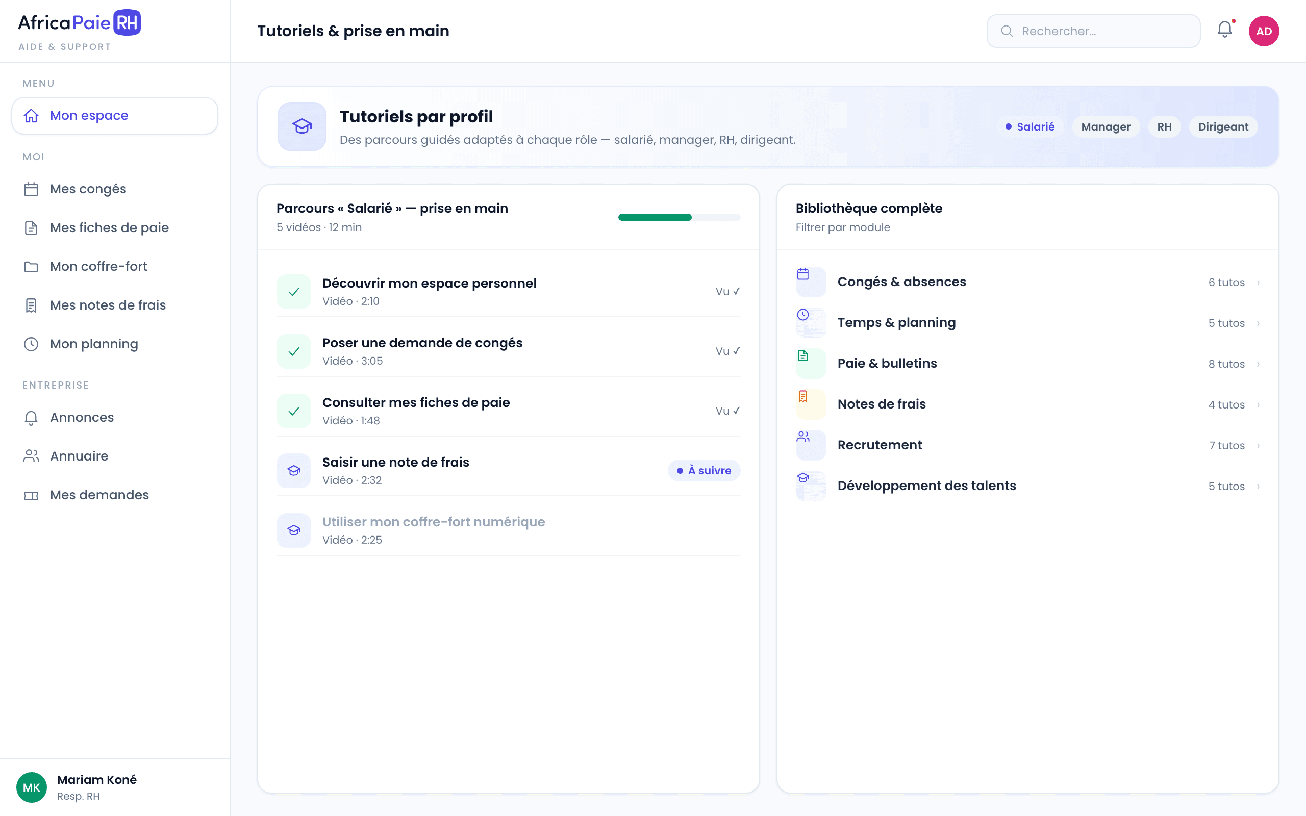 Aperçu du logiciel AfricaPaieRH — tutoriels par profil