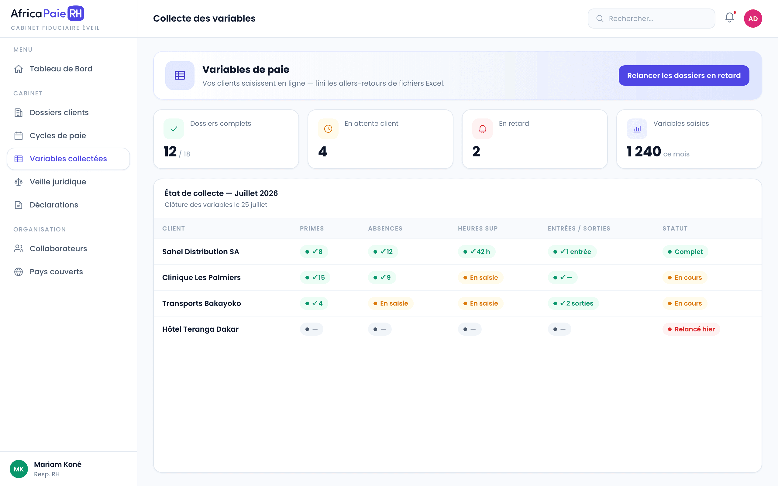 Aperçu du logiciel AfricaPaieRH — variables de paie employeur