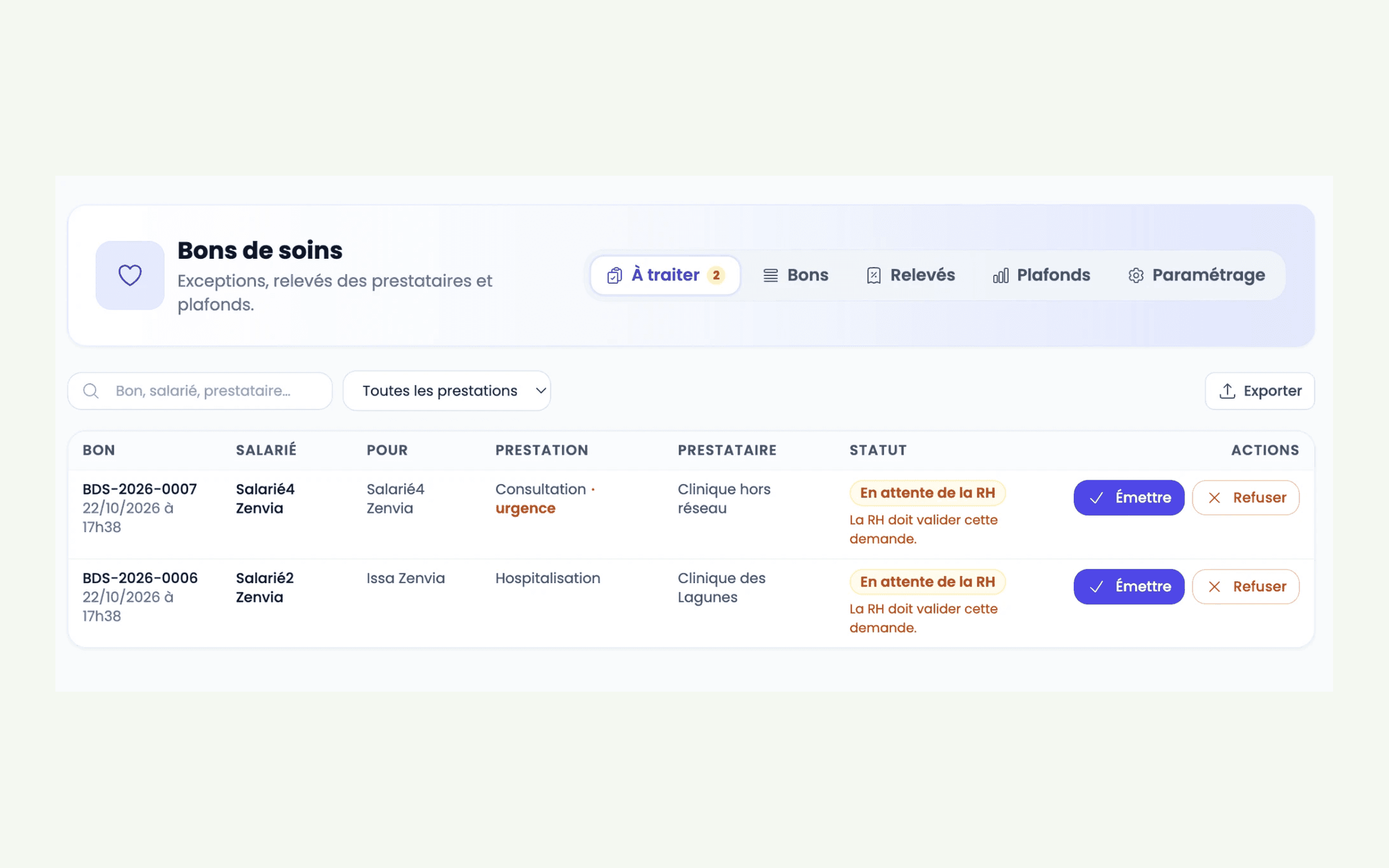 Aperçu du logiciel AfricaPaieRH — bons en attente de validation RH