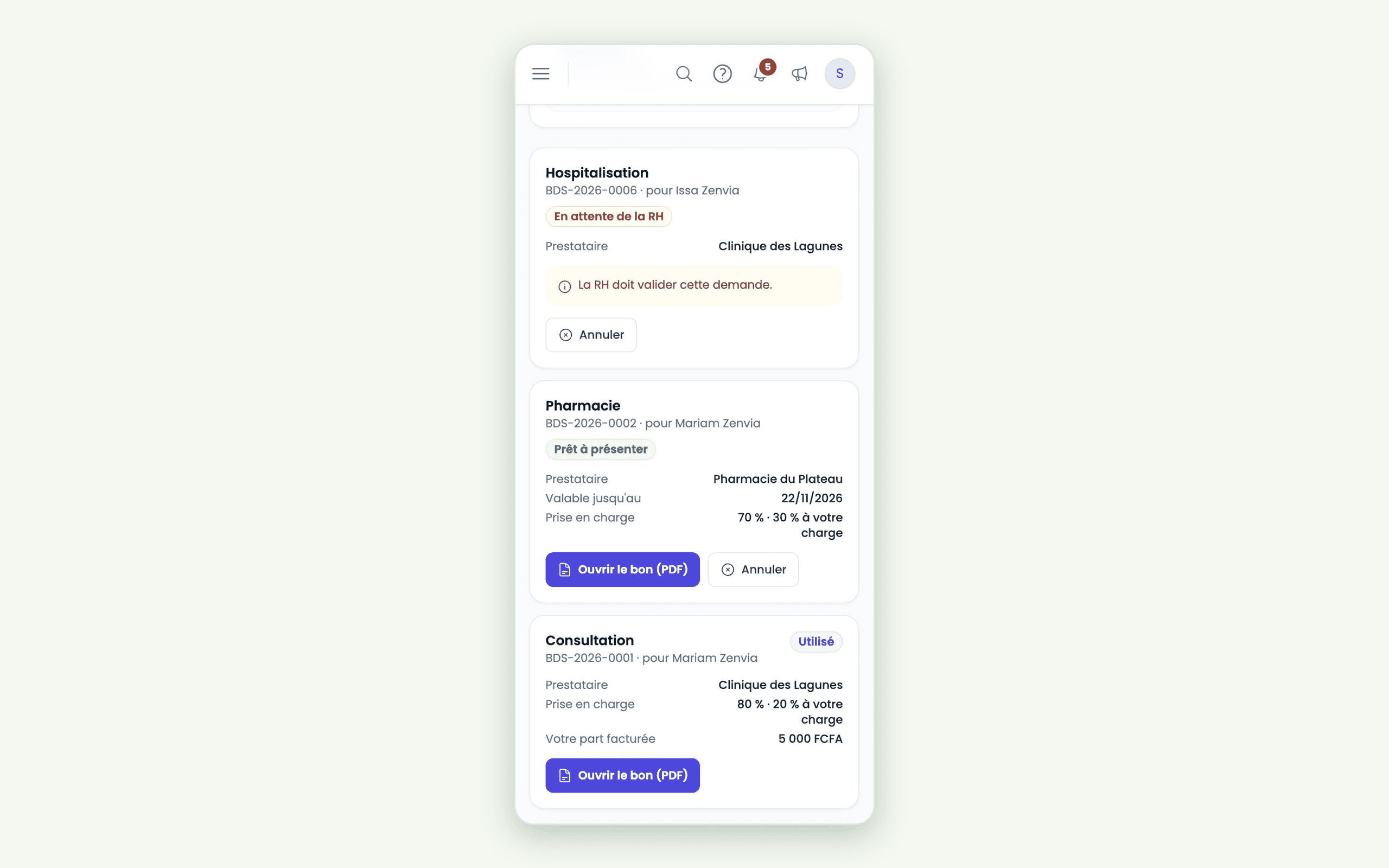 Aperçu du logiciel AfricaPaieRH — bons de soins vus par le salarié