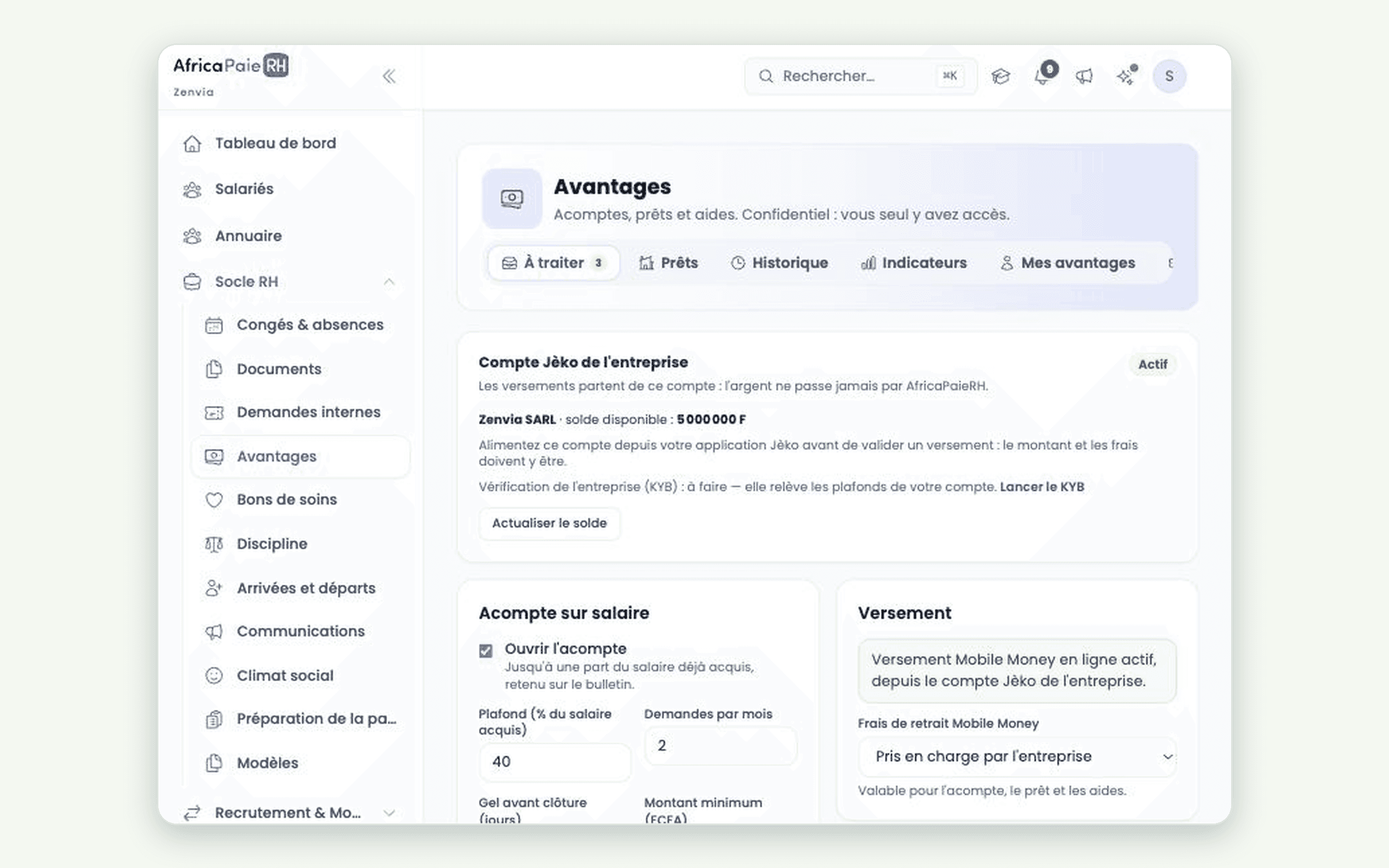 Aperçu du logiciel AfricaPaieRH — réglages de l'acompte et versement