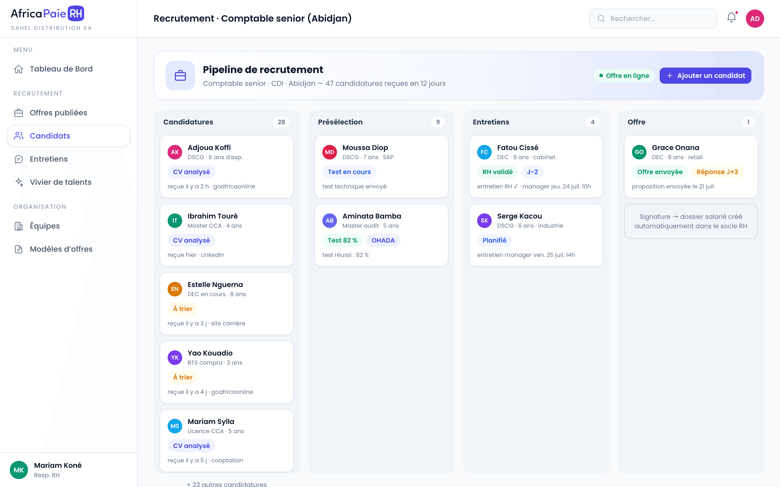 Aperçu du logiciel AfricaPaieRH — Recrutement — pipeline candidats